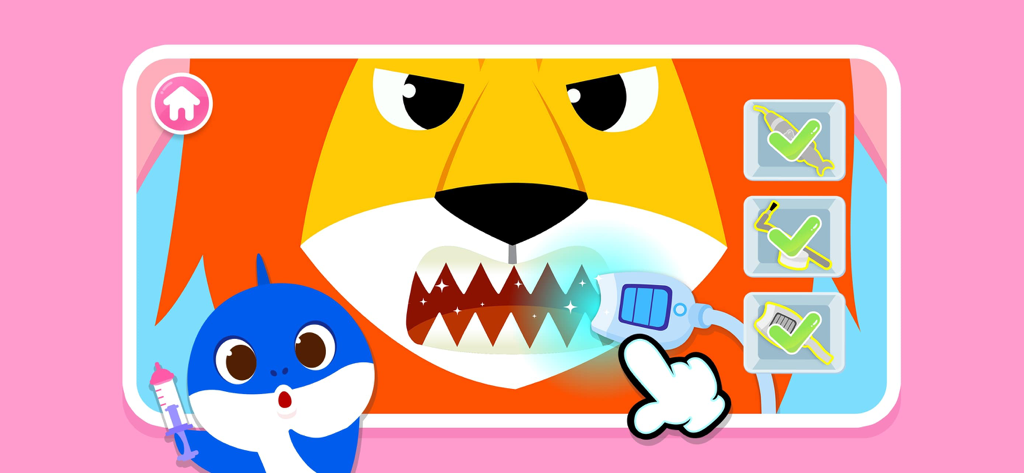 Baby Shark Dentist Play: Game - Baby Shark realizando un tratamiento dental a un paciente león en el juego de dentista
