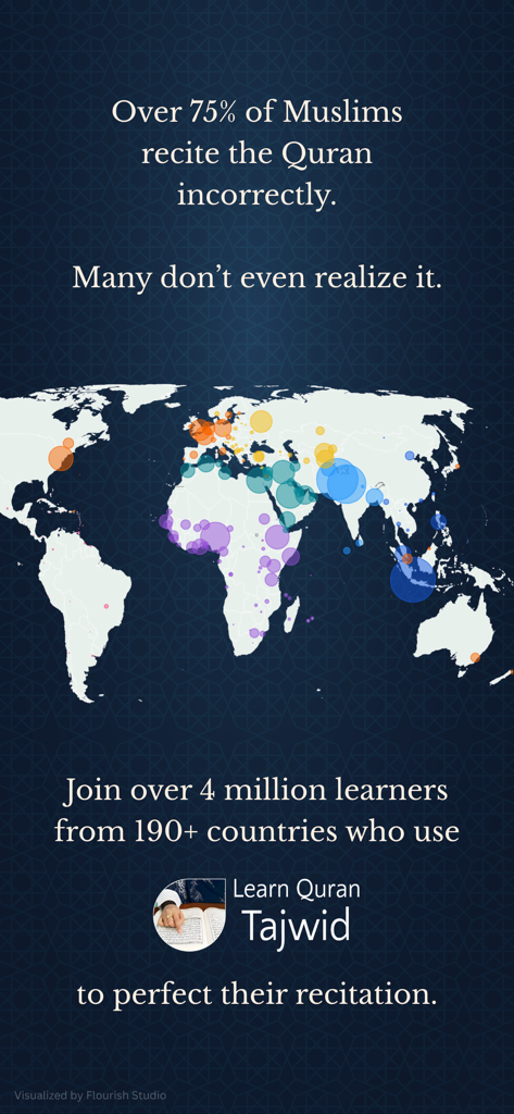 Learn Quran Tajwid - Mapa mundial que muestra la distribución global de cuatro millones de estudiantes de la aplicación Aprende Corán Tajwid