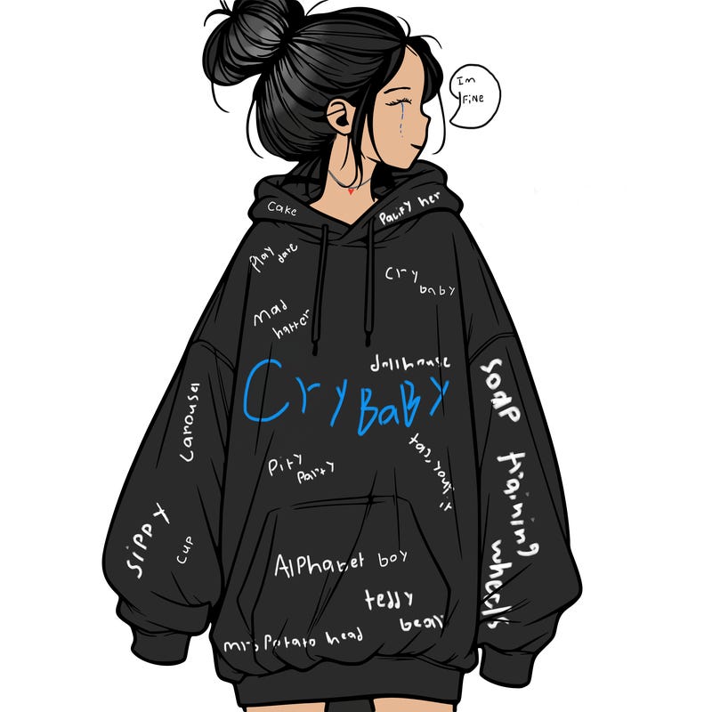 realistic girl with a oversized sweatshirt on and a bun