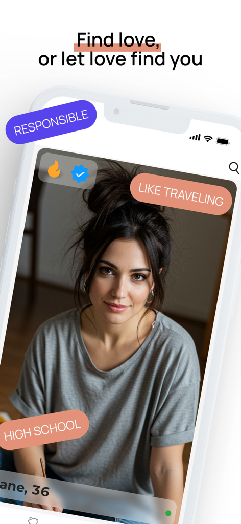 A profile screen in the EuroDate dating app showing a woman photo with interest tags like traveling and responsible