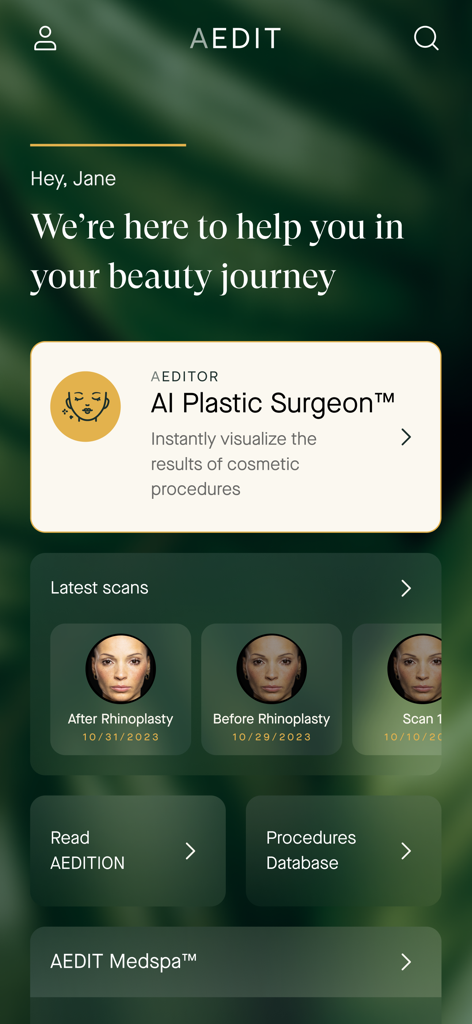 AEDIT: AI Plastic Surgeon - Écran d'accueil de l'application AEDIT affichant l'outil de chirurgien plastique IA et les simulations de procédures cosmétiques