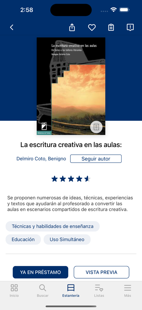 Red educativa Prodec - Pantalla de la aplicación móvil mostrando la página de detalles de un libro en español para escritura creativa en aulas dentro de la plataforma Red educativa Prodec