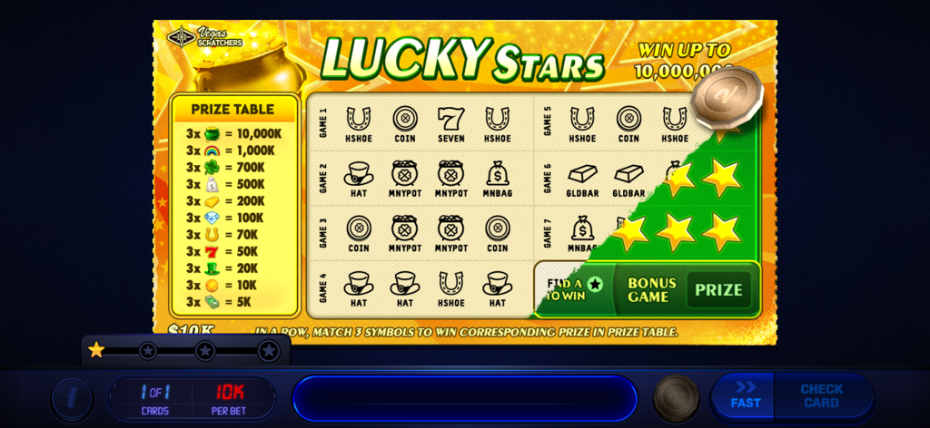 Vegas Lottery Scratchers - Captura de pantalla del juego del boleto "Lucky Stars" en Vegas Lottery Scratchers que muestra una tabla de premios y símbolos.
