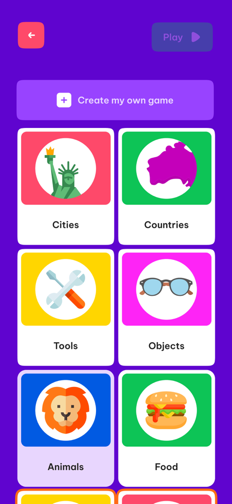 Words Up game category selection screen featuring tiles for Cities, Countries, Tools, Objects, Animals, and Food.