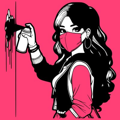 realistic girl with mask spray painting a wall