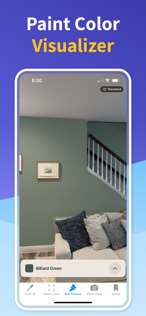 Mobile app screenshot showing an AR wall preview of a living room wall painted in Billiard Green