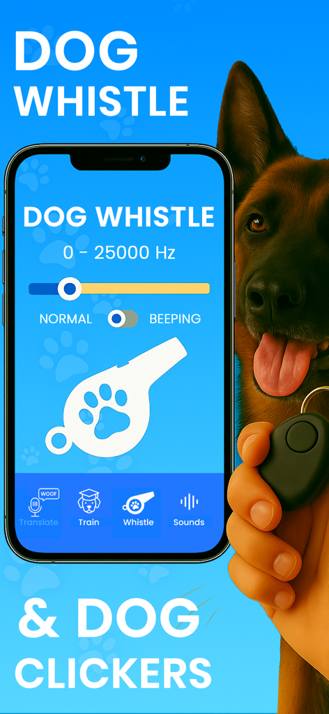 Dog Translator app interface showing the dog whistle and clicker training features next to a German Shepherd dog