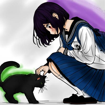 realistic anime girl bending down to pet a cat