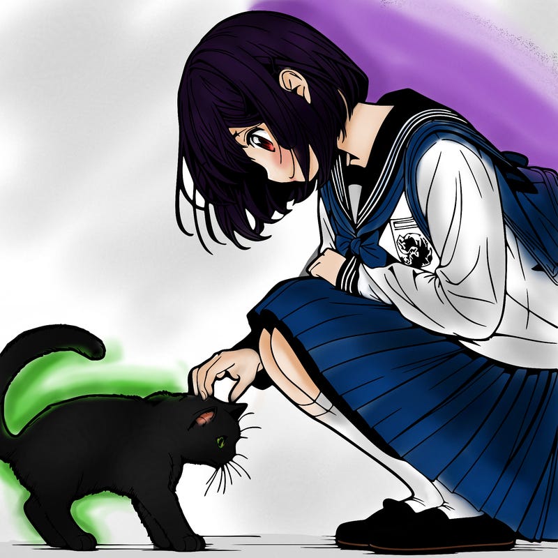 realistic anime girl bending down to pet a cat
