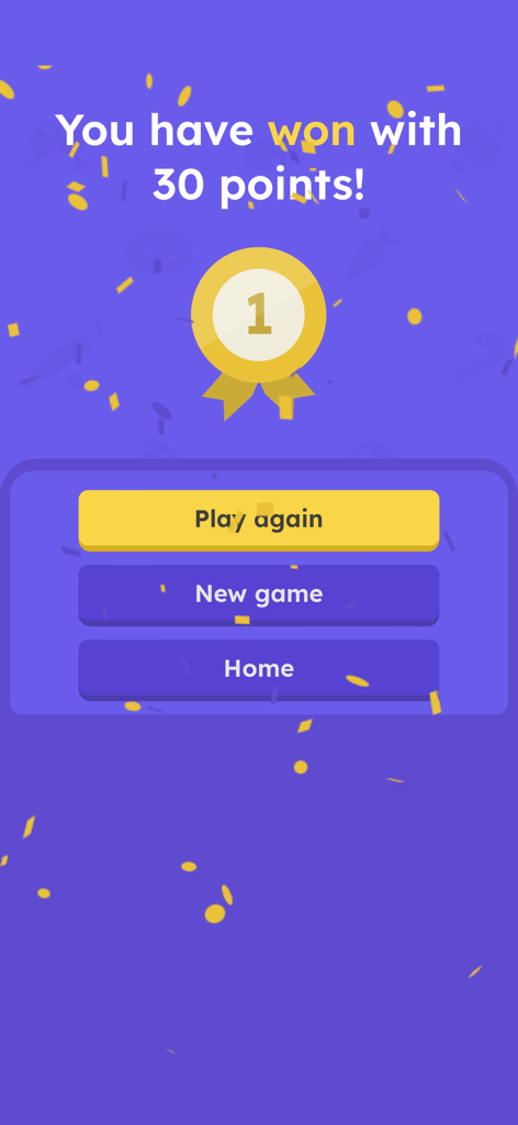 30 seconds: Five in Thirty - Victory screen of the thirty seconds party game showing thirty points and a gold medal