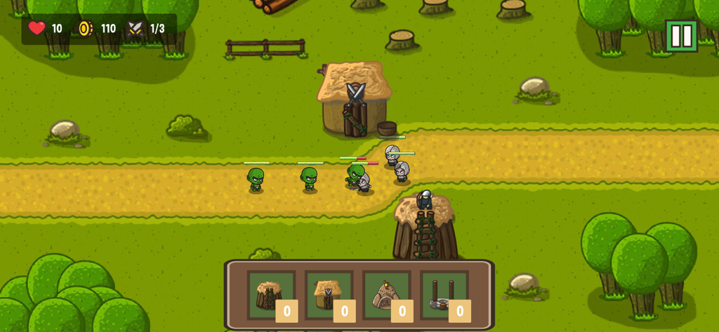 Tower Rush 2D - In-game screenshot of Tower Rush 2D showing a strategy battle with towers defending a path against waves of enemies in a forest environment