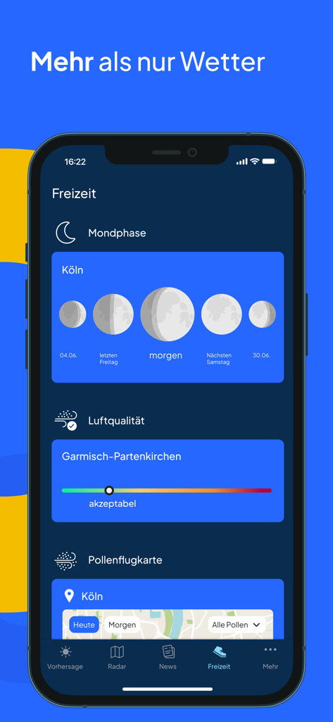 Capture d'écran d'une application mobile affichant les phases de la lune, l'indice de qualité de l'air et les widgets de prévision pollinique.