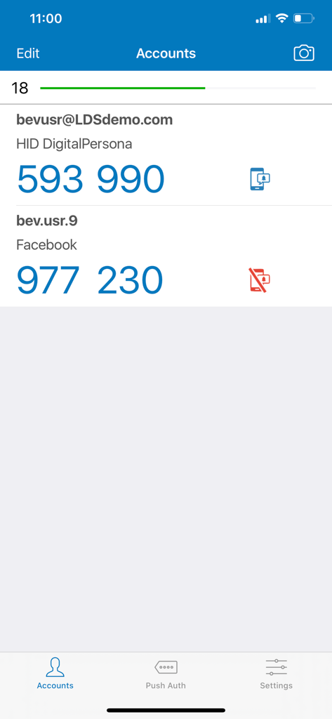 DigitalPersona - Application DigitalPersona montrant les codes d'authentification unique pour les comptes d'authentification à deux facteurs.