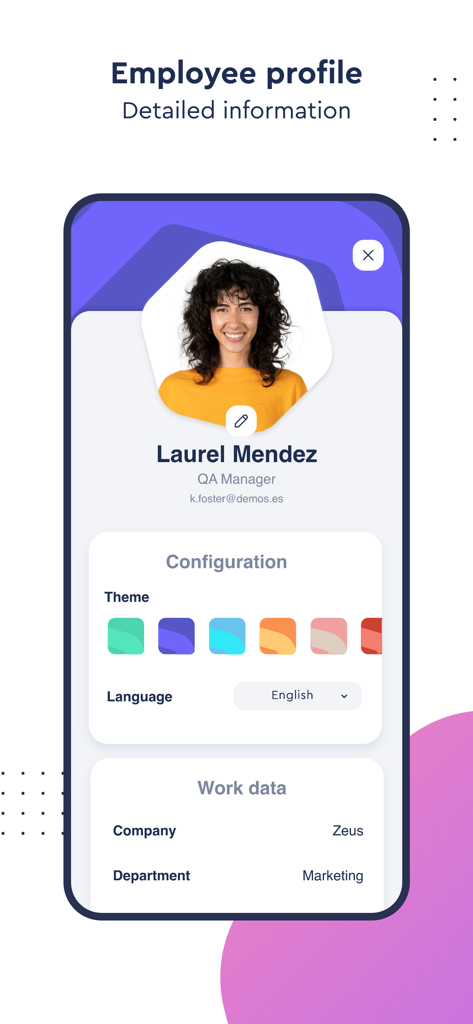 Sesame HR: software de RRHH - Vista dettagliata del profilo del dipendente nell'applicazione mobile Sesame HR che mostra le impostazioni dell'utente e le informazioni di lavoro