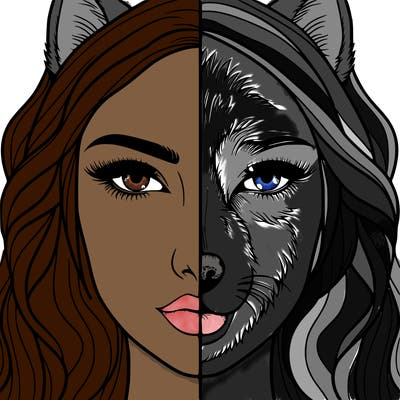 split face realistic woman and wolf