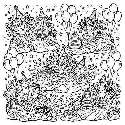 Get ready for an underwater celebration with this adorable Marine Lichens birthday party coloring page. Discover cute lichens in festive hats, surrounded by cakes, balloons, and confetti, ready for your creative touch.