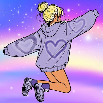 realistic girl jumping with a bun and oversized sweatshirt