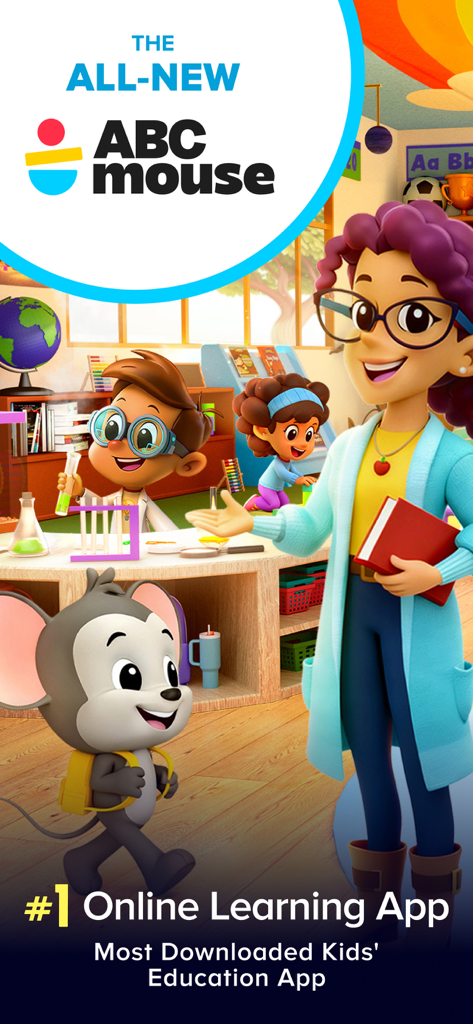 ABCmouse: Kids Learning Games - Pantalla promocional de la nueva aplicación de aprendizaje en línea ABCmouse con un maestro y estudiantes en un aula colorida.