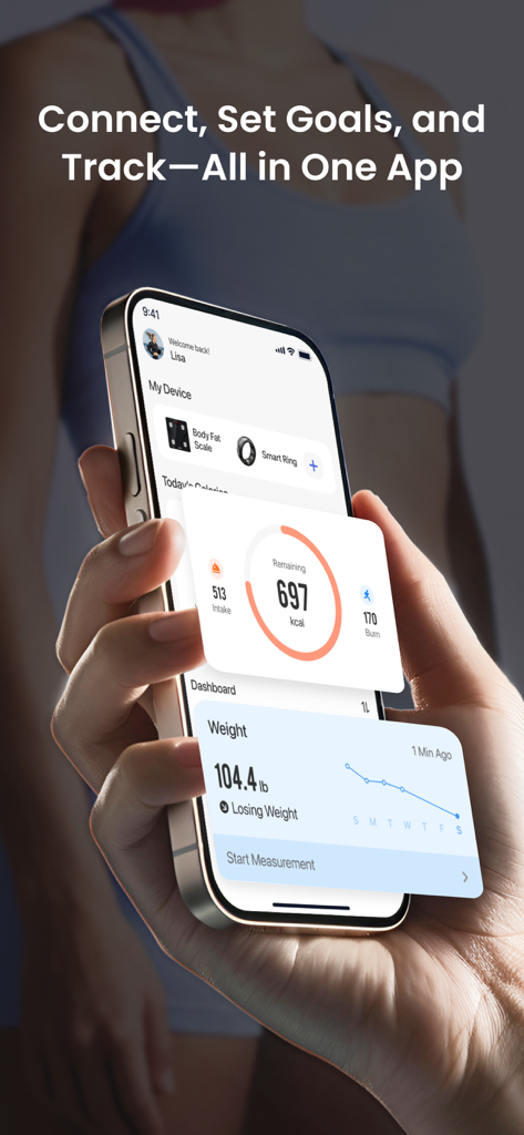 RENPHO Health - A hand holding a smartphone displaying the RENPHO Health app dashboard with weight tracking and calorie metrics.