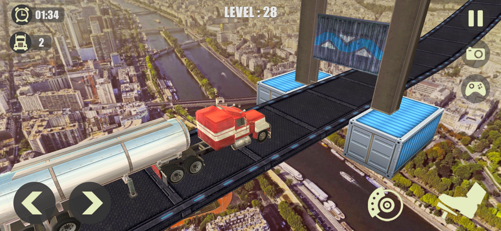 Heavy Truck Impossible Tracks - A red tanker truck driving on a narrow elevated track high above a city skyline