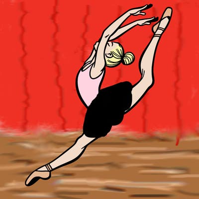 gymnast doing a leap in a leotard with a bent back leg