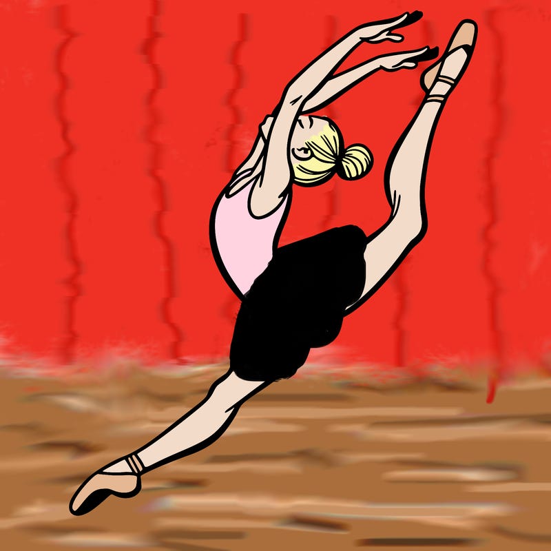 gymnast doing a leap in a leotard with a bent back leg