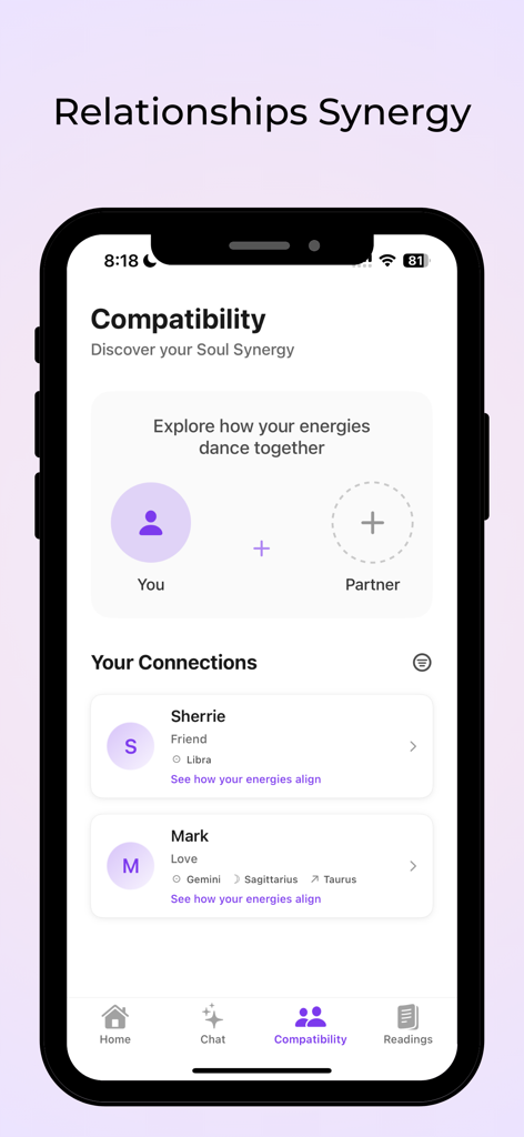 LumiSeer: Tarot & Astrology - Interface of the LumiSeer app showing the compatibility feature for checking astrological synergy between partners and friends