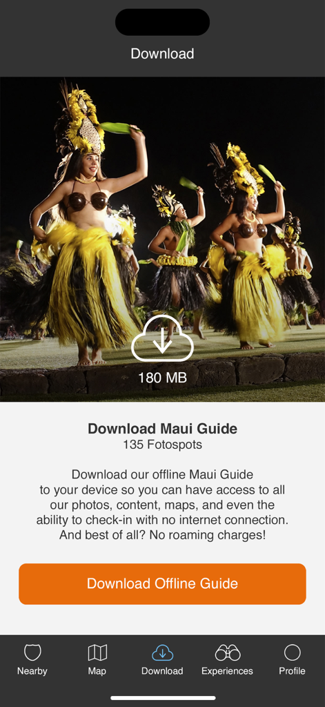 전통 하와이 훌라 댄서들이 등장하는 마우이 오프라인 섬 가이드 다운로드 화면