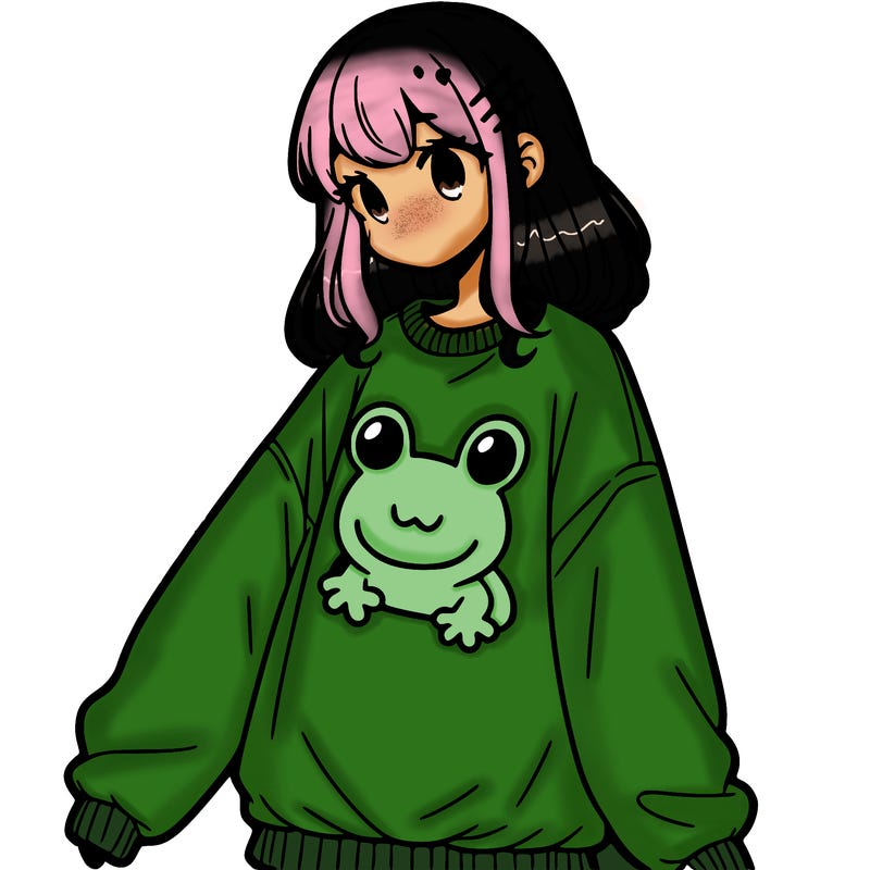 girl wearing frogging sweatshirt