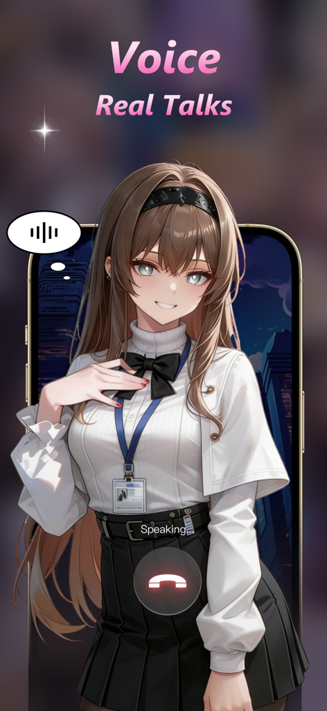 A smartphone screen showing the Chatto app voice call feature with an anime character