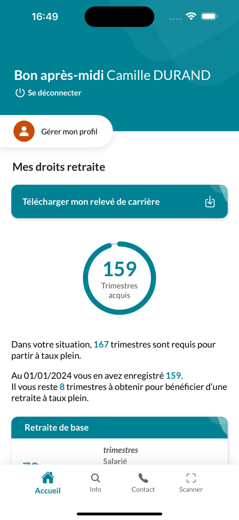 Dashboard der App 'Mon compte retraite', das die Rentenansprüche und die Anzahl der erworbenen Quartale anzeigt.
