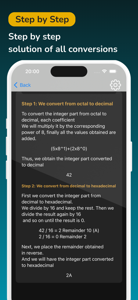 Converter Binary Calculator - Captura de pantalla de la aplicación que muestra soluciones matemáticas paso a paso para conversiones octales y hexadecimales