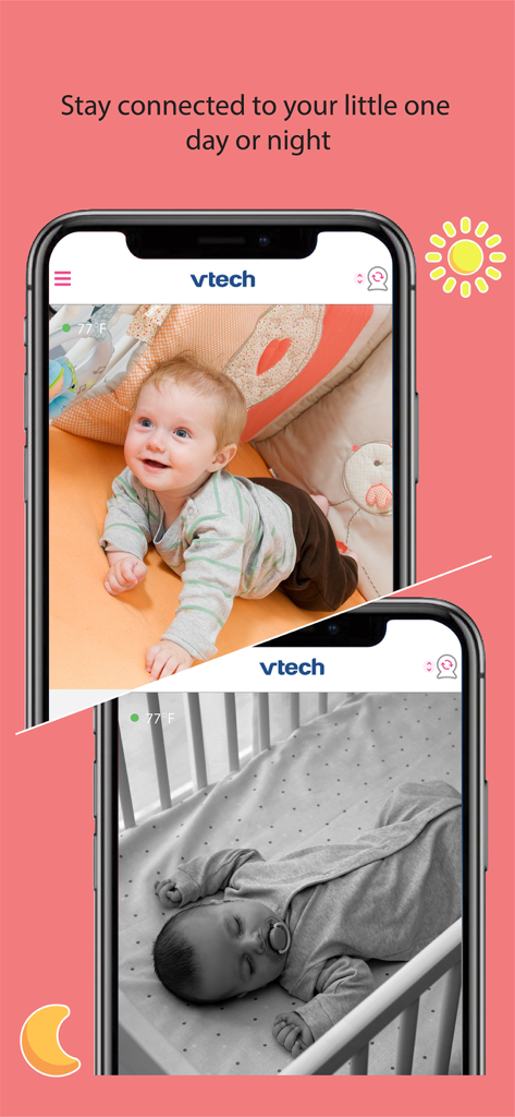Two iPhone screens displaying the MyVTech Baby Pro app with color day vision and black and white night vision for baby monitoring.
