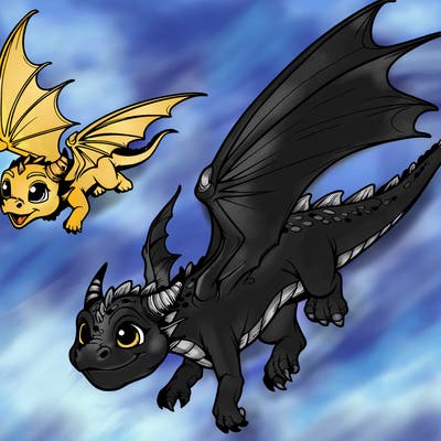 one tiny dragon one big dragon realistic flying