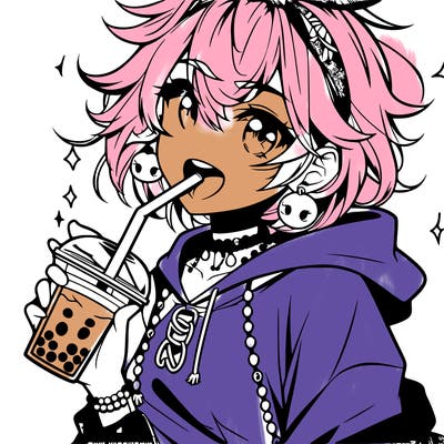 hot baddie anime girl drinking boba and biting the straw