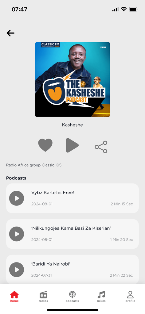 Songa Play - Songa Play app interface displaying The Kasheshe Podcast with a list of available episodes and playback controls.