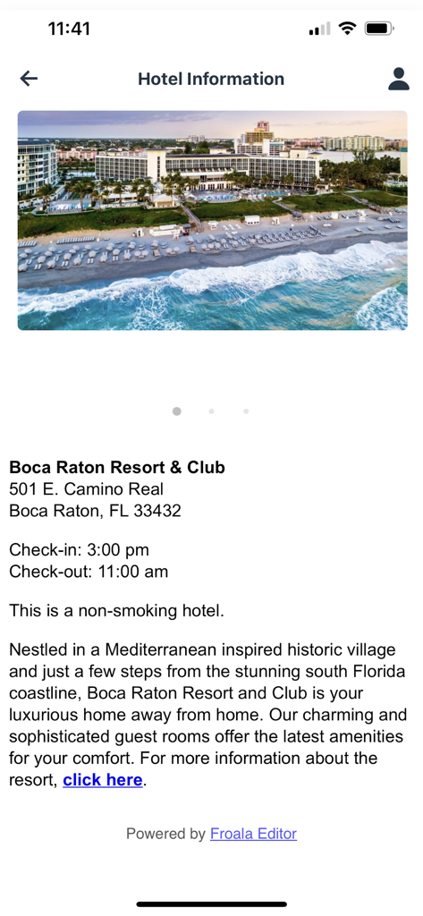 HUB SHARP - HUB SHARPアプリのホテル情報画面。ボカラトン・リゾート＆クラブのホテルの詳細とチェックイン時間を表示。