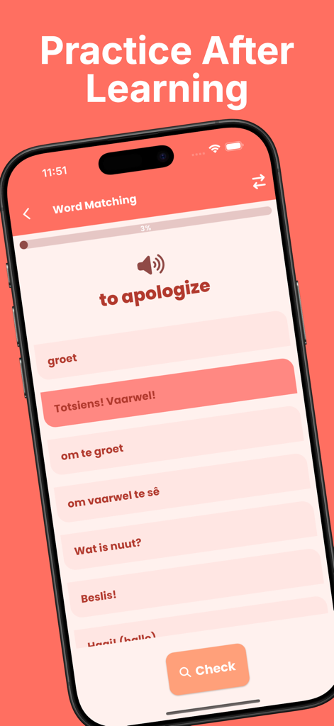 Learn Afrikaans Phrases - A word matching exercise screen in the Learn Afrikaans Phrases app showing a vocabulary quiz for practicing translated terms.