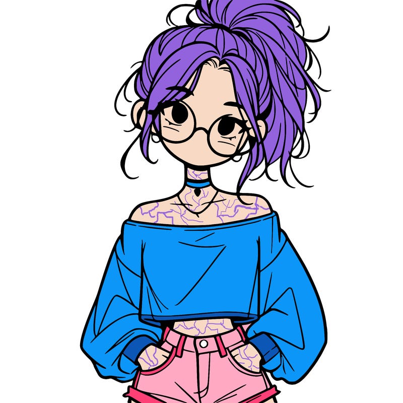 girl with a messy ponytail glasses a baggy crop top and jean shorts