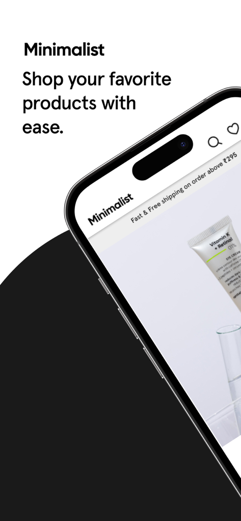 Interfaz de la aplicación de cuidado de la piel Minimalista que muestra crema para ojos con Vitamina K y el lema Compra tus productos favoritos con facilidad