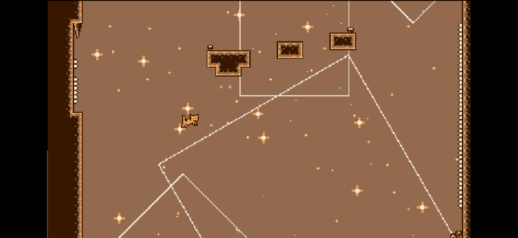 Calico: How cats are made - A small orange cat jumping in a brown pixel art platformer level with stars and floating platforms