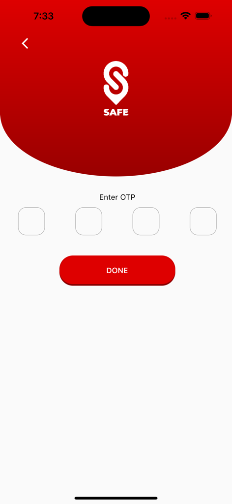 Safe ET - Safe ET app OTP entry screen with four digit input fields and a red done button