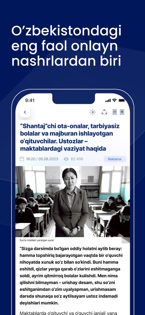 Interfaccia dell'app mobile Kun.uz che mostra un articolo di notizie in uzbeko sul sistema educativo con una foto di un insegnante in una classe.