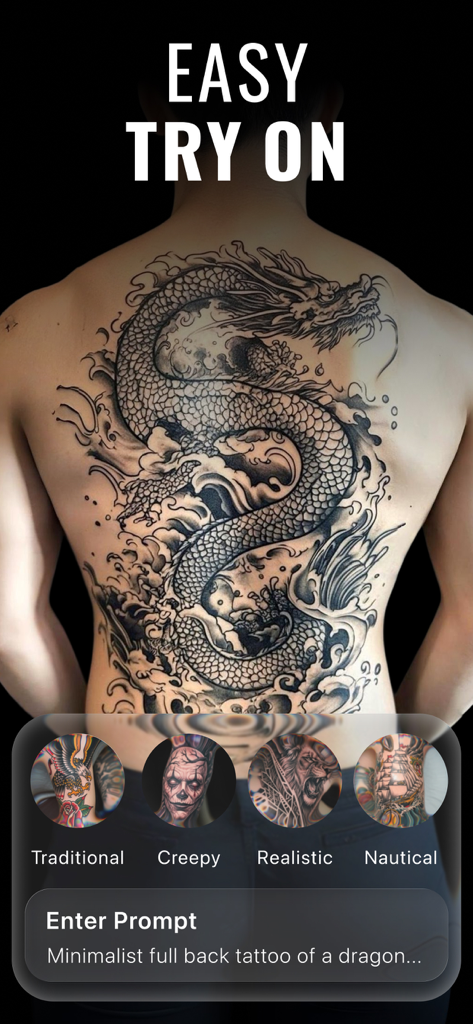 Tattoo AI Design Generatorアプリを使用して、背中に大きなドラゴンのタトゥーのバーチャル試着