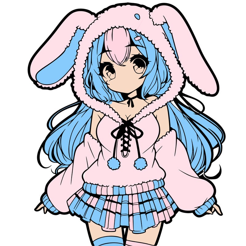 pretty anime girl wearing a fluffy hoodie with bunny ears on the hood and a skirt