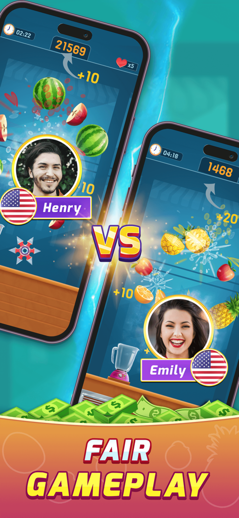 Fruit Splash: Slice & Win Cash - Two players competing in a head to head fruit slicing match for cash prizes