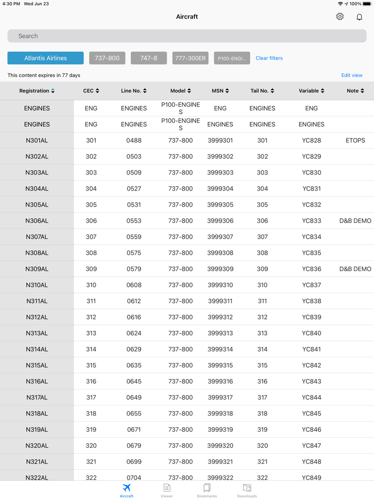 Una tabella tecnica nell'app Boeing Toolbox che elenca gli aeromobili per modello di registrazione e numero di coda per i tecnici di manutenzione.
