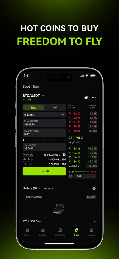 EasiCoin: Buy BTC & Crypto - Pantalla de la aplicación móvil EasiCoin mostrando la interfaz de trading al contado de BTC USDT.