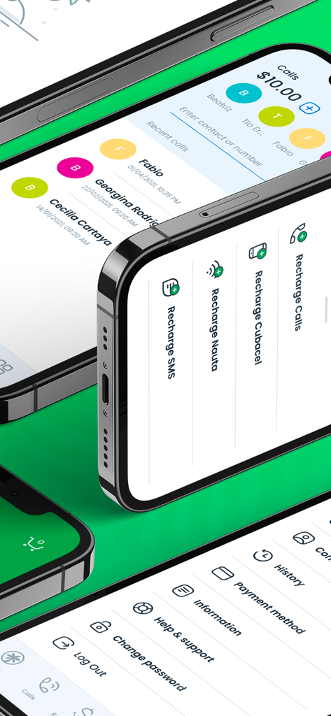 Islacel app screens showing options to recharge Cubacel, Nauta, and phone calls for communication with Cuba
