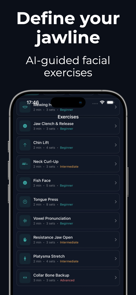 Jawliner: Debloat & Sculpt Jaw - Una pantalla de smartphone que muestra una lista de ejercicios faciales guiados por IA para esculpir la mandíbula, incluyendo mewing y elevaciones de mentón.